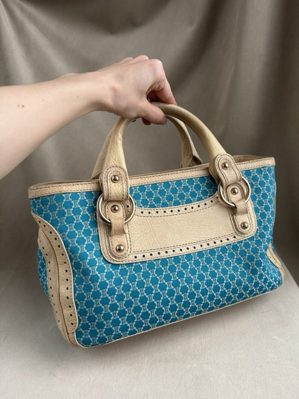 Céline Macadam Canvas Cream Leather Hand Bag Aquamarine Blue Purse